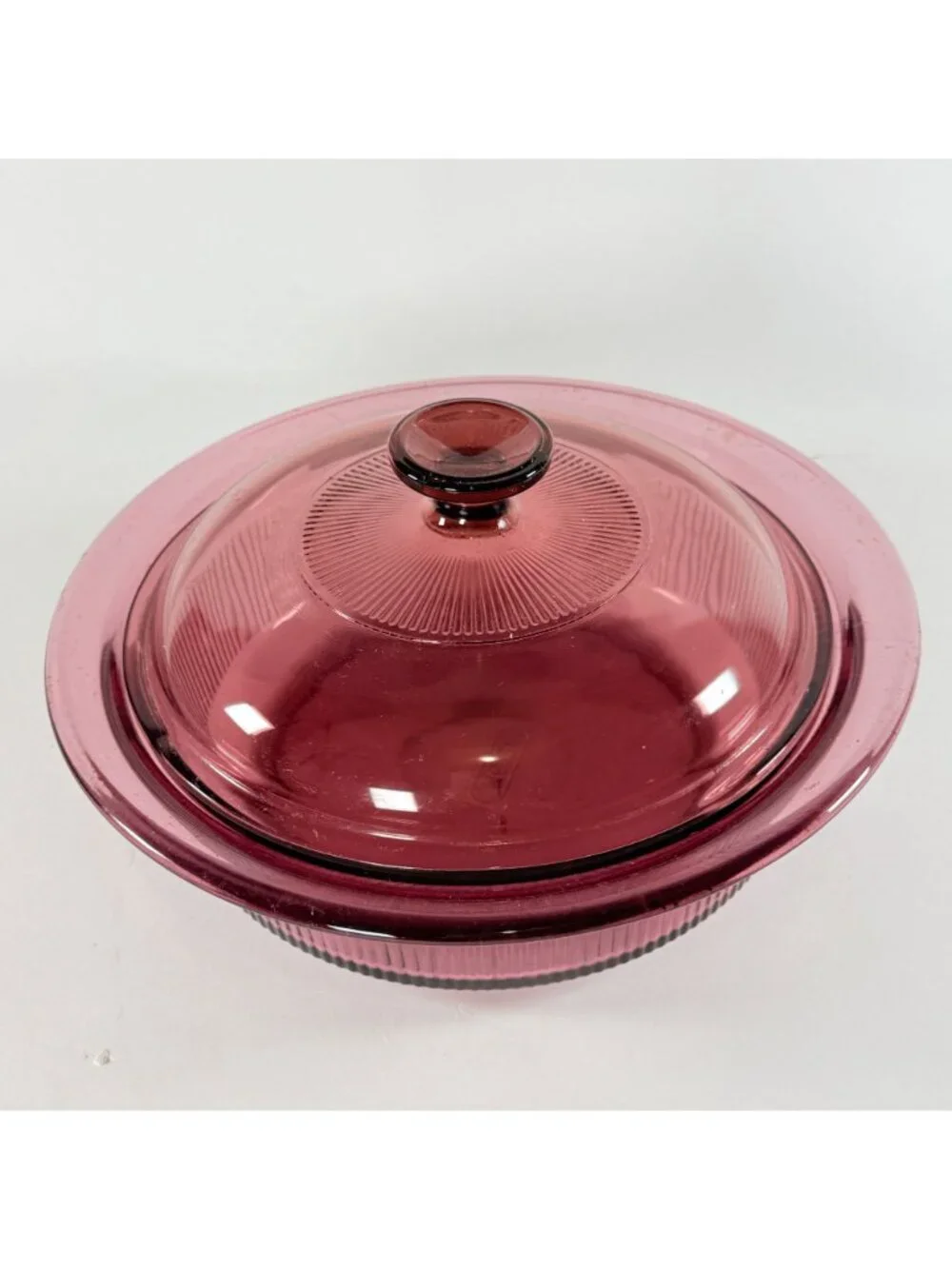 Vintage 1.5 Qt Corning Vision Ware Cranberry Ribbed Casserole Dish w Lid V-33-B